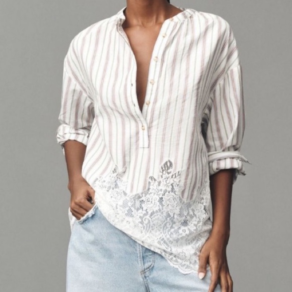 Pilcro Striped Lace Hem Women's Top